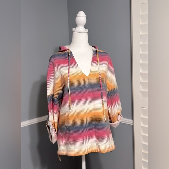 Trina Turk Striped V-Neck Hoodie Pullover Top Multicolored Size XS Orange & Pink - Picture 1 of 9